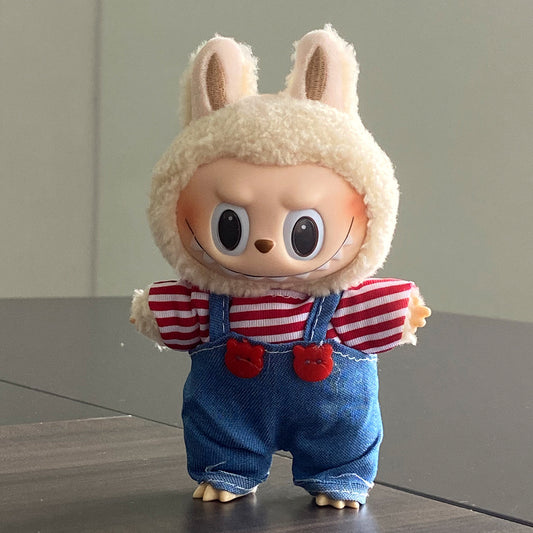 Blue Denim Overall Outfit with Red Striped Top for Labubu