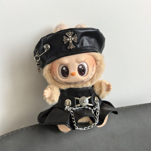 Black Punk Leather Outfit Set with Beret for Labubu