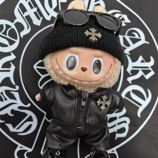 Labubu Punk Street Leather Outfit with Beanie & Shades